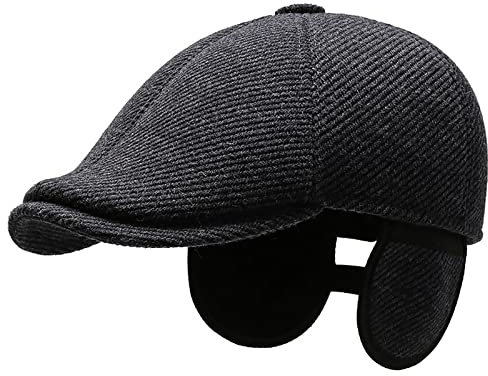 Schiebermütze Herren Barett Cap, Vintage Flat Cap Newsboy Gatsby Mütze, Ivy Driving Hüte mit Ohrenklappen Outdoors Sportmütze Golfermütze Hunting Hat ( Color : Black , Size : 58-60cm/22.83-23.62in )