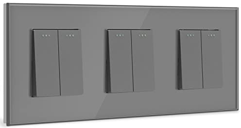 BSEED Interruptor de luz Triple 2 Gang 1 Vía+ 2 Gang 1 Vía+2 Gang 1 Vía,interruptor pared Triple con marco de cristal,16A Interruptor de pared basculante,Gris Interruptor de palanca 228mm