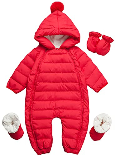 amropi Bambino Tute da Neve Inverno Pagliaccetto con Cappuccio Neonato Body Overall Jumpsuit Rosso,9-12 Mesi