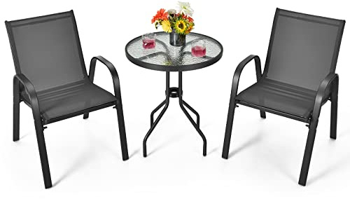 COSTWAY Set Mobili da Giardino 3 Pezzi, con Tavolo Rotondo in Vetro Temperato e 2 Sedie in Textilene Traspirante, per Esterno Balcone Giardino (Nero)