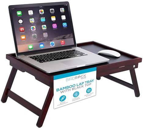 BIRDROCK HOME Bamboo Lap Tray with Black Top - Adjustable Laptop Desk - Foldable Breakfast Serving Tray - Work from Bed or Couch - Portable Laptop Stand w/Tilt Positions - Durable and Stylish Lapdesk