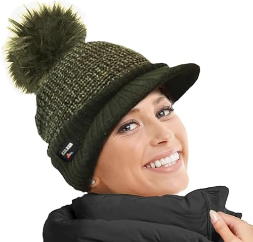 RockJock Damen warme Fleece gefüttert gestrickte Schirmmütze Baseballmütze mit abnehmbarem Kunstpelz pom mit oder ohne POM- tragen