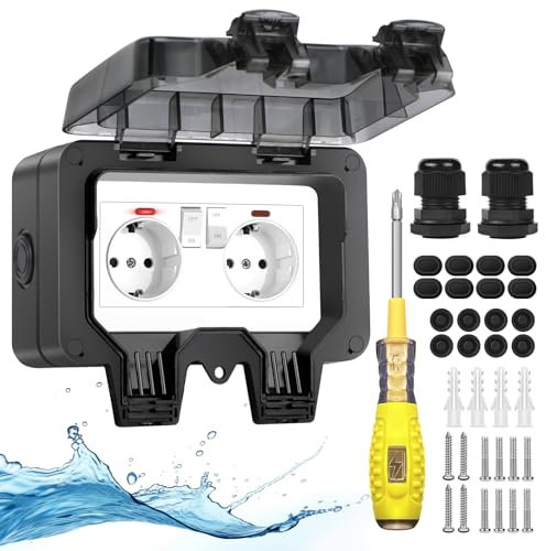 2024 Aussensteckdose Wasserdichte Steckdose aussen IP66 mit Schalter Kontrollleuchte,Außensteckdose Aufputz Garten Outdoor Steckdose Wand mit Abschließbaren Klappdeckel-Doppelsteckdose Schwarz