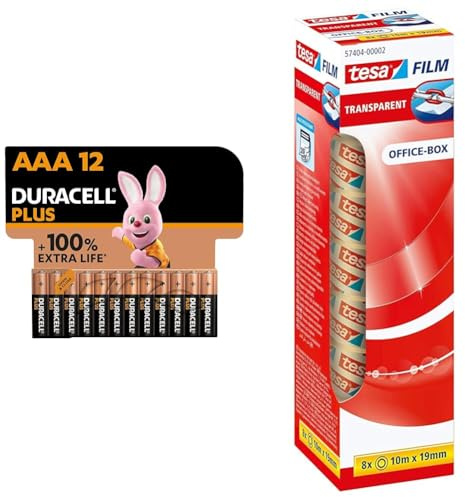 Batterie Duracell Plus AAA e tesafilm trasparente - nastro adesivo trasparente con forte adesione - resistente all'invecchiamento e allo strappo - 10 mx 19 mm - confezione da 1