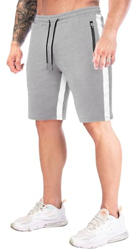 FGFD&OU Pantalón Cortos Deportivo Hombre Algodón Pantalones Corto para Correr Deporte Tiempo Libre Yoga Bermuda de Transpirable Elásticos con Bolsillos Cremallera (Gris Claro, XXL)