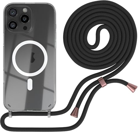 EAZY CASE - mobilkedja kompatibel med iPhone 16 Pro Max, kedja för upphängning, stötsäkert mobilskal för iPhone 16 Pro Max, silikonskal med rem, transparent mobilskal i Svart - Clips Rosé