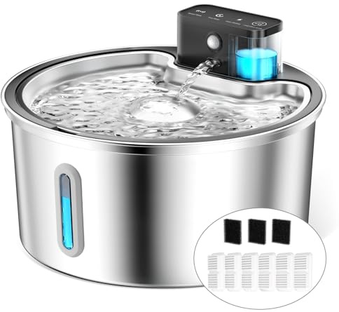 PawPoll Wireless Cat Water Fountain for Drinking, 3.2L Cats Fountain Stainless Steel Cordless Pet Water Dispenser Battery Operated Motion Sensor Silent Rechargeable Fountain with 6 Filters 3 Sponges