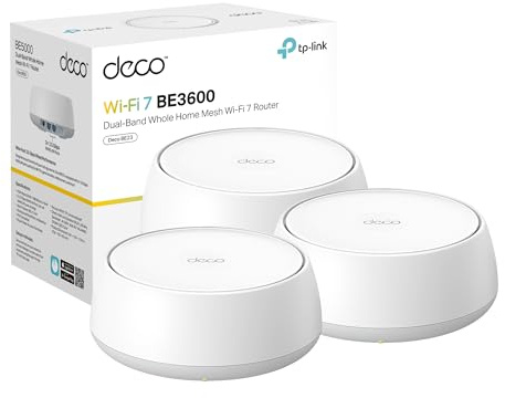 TP-Link Deco 7 BE23 Dual-Band BE3600 WiFi 7 Mesh Wi-Fi System | 4-Stream 3.6 Gbps, 160 Mhz | Covers up to 6,500 Sq.Ft | 2× 2.5G Ports Wired Backhaul | VPN,MLO,AI-Roaming, HomeShield, 3-Pack