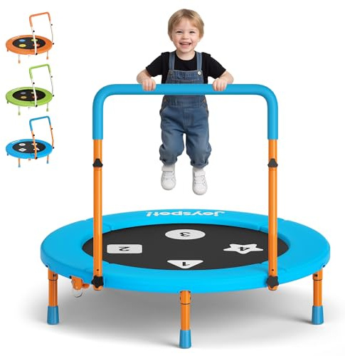 3FT Kids Trampoline with Adjustable Handle, 36” Foldable Mini Trampoline for Toddler Ages 1-6, ASTM Certified Indoor Rebounder, Geometric Jumping Mat, No-Gap Silent Elastic Bands, Max Load 100 lbs