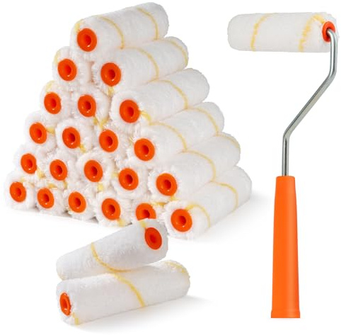 Microfiber Paint Roller 4 Inch, Mini Paint Roller Covers (3/8 Inch Nap, 24 Pack), Small Paint Rollers for House Painting with Paint Roller Frame, Wall Painting Tool