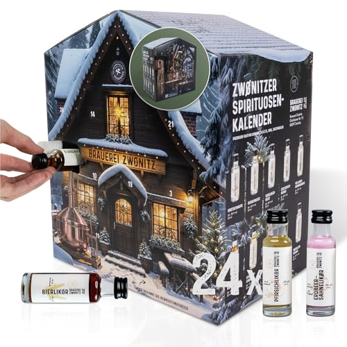 Brauerei Zwönitz Schnaps Adventskalender 2025 mit 24 Miniatur-Flaschen Likör, Gin, Brand & Geist – inkl. Extra-Türchen mit Überraschung – Adventskalender für Erwachsene zum Verschenken & Probieren
