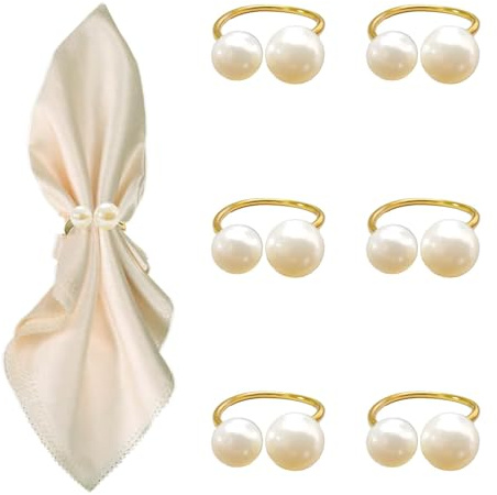 Juego de 6 Servilleteros Dorados con Perla, Anillos de Servilleta de Metal, Servilleteros para Boda, Navidad, Cumpleaños, Fiesta y Decoración de Mesa – Accesorios de Cocina Dorados Reutilizables