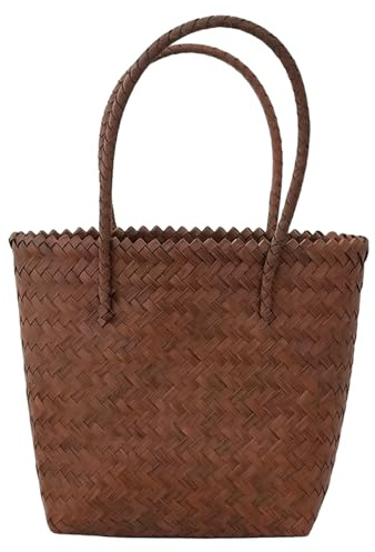 Sjfbebsy Wicker Basket Bolso de mimbre para mujer, cesta vintage tejida a mano, gran capacidad para compras y uso en la playa, 16x12 pulgadas (marrón) |.Cestas
