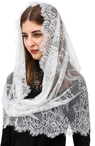 PAMOR Mantilla-Schleier im spanischen Stil, Spitze, traditionell, Vintage, inspiriert, Unendlichkeitsform, lateinische Masse, Kopfbedeckung, Weiss/opulenter Garten, Einheitsgröße