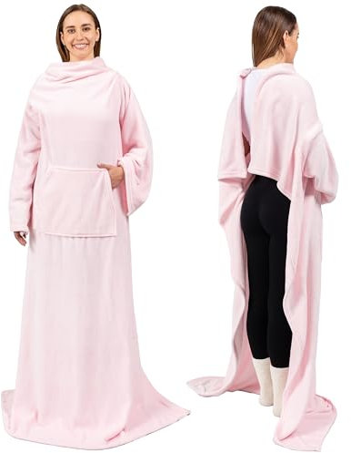 PAVILIA Premium Fleece Blanket with Sleeves for Adult, Women, Men | Warm, Cozy, Extra Soft, Microplush, Functional, Lightweight Wearable Throw (Light Pink, Kangaroo Pocket)