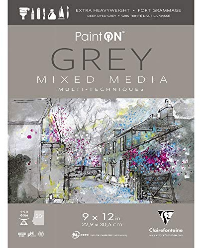 Clairefontaine 975488C - Malblock verleimt mit 20 Blatt Zeichenpapier PaintOn 22,9x30,5 cm , Grau