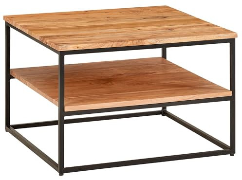FineBuy Couchtisch quadratisch 60x60 cm Akazie Massivholz · Wohnzimmertisch mit Metallgestell & 2 Ablageflächen · Handgefertigt & lackiert im Industrial Design Braun
