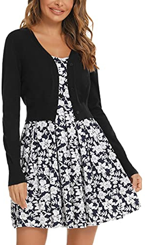 Enjyam Cardigan Mujer Corto Chaqueta de Punto Básico de Manga Larga con Botones Rebecas Cuello en V Abrigo Bolero