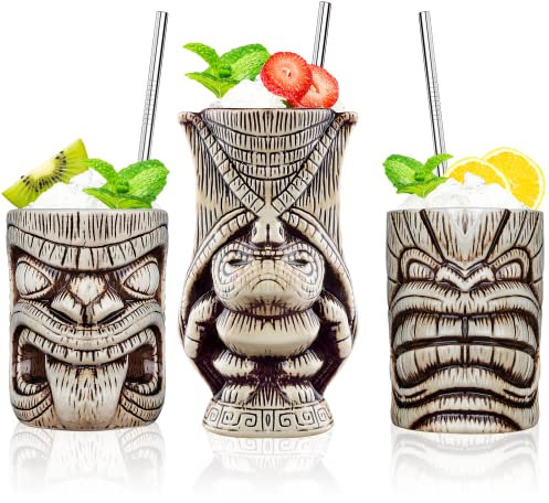 Lot de 3 verres à cocktail en céramique - Tiki exotiques - Décoration professionnelle pour bar hawaïen (3 pièces)