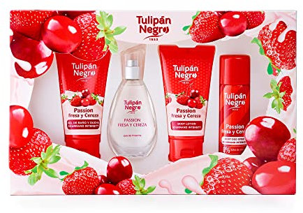 Svart tulpan - jordgubbe och körsbär, unisex presentförpackning, Köln 50 ml kroppslotion 75 ml badgel 75 ml deodorantspray 50 ml, långvarig söt och fräsch doft