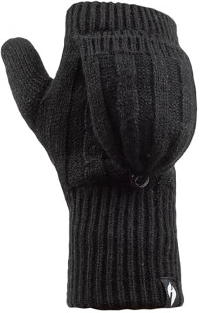 HEAT HOLDERS - Damen Thermo Fingerlose Handschuhe mit Fäustlinge Kappe | Winter Handschuhe mit Plüsch Fleecefutter (Einheitsgröße, Schwarz)
