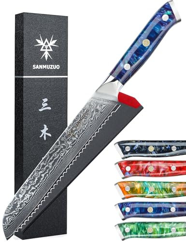SANMUZUO Brotmesser mit Wellenschliff, Damastmesser 20 cm Klinge - Damaskus Stahl Küchenmesser mit Harzgriff - Xuan Serie(Saphirblau)