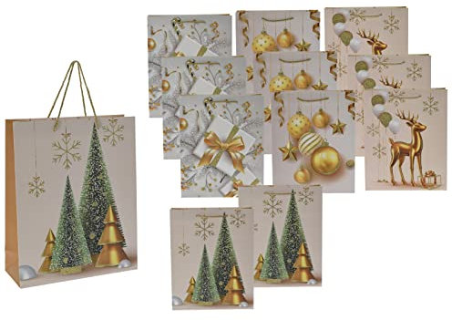 Weihnachts Geschenktüte mit Glitzer - 12er Set / 4 Motive - Flaschentüte mit goldener Kordel - Weihnachten Advent Nikolaus Papiertasche Flaschentasche Wichtel Tüte