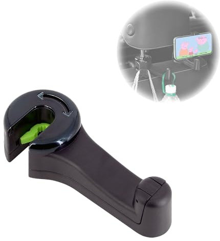 ViWaVee 2 in 1 Kopfstützenhalterung Auto Haken mit Handyhalterung, 360° Heckhaken Autositze für Tasche, Geldbörse, Stoff, Lebensmittel, Rücksitz Organizer, Handtaschenhalter (Schwarz-1 Pack)