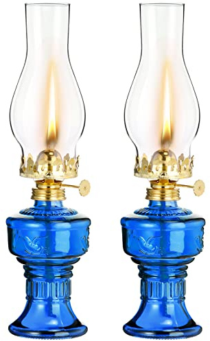 2 Pcs Chamber Oil Lamps for Indoor Use Vintage Kerosene Lamp Rustic Hurricane Kerosene Lantern with Adjustable Fire Wick Lighting Oil Lantern for Home Emergency Lighting, 13'' High(Blue)