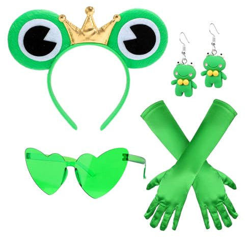 HOWAF Frosch Kostüm Damen, Frosch Haarreif Haarschmuck, Ohrringe, Grüne Herzbrille Herz Sonnenbrille, Handschuhe für Halloween Fasching Karneval Kostüm