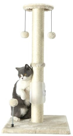 PEEKAB 32 Tall Cat Scratching Post Sisal Rope Scratch Posts with Hanging Ball and Self-Massage Brush Vertical Scratcher for Indoor Cats and Kittens(Beige 32inches)