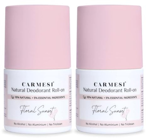 Carmesi Natural Deodorant Roll On - Floral Sunset | 95% Natural | Reduces Dark Underarms & Body Odor | No Aluminium & Alcohol-Free for Women | 1.69 Fl Oz (Pack of 2)