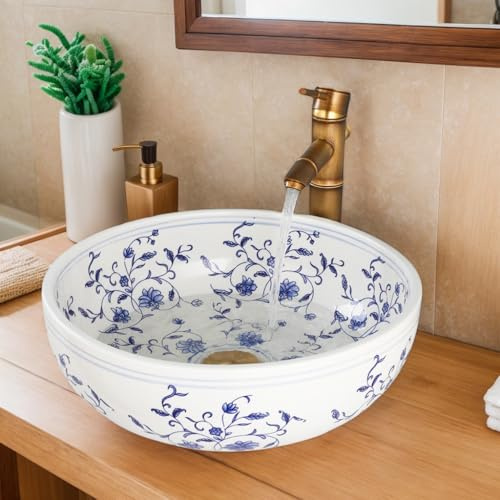 Lonuebu Bathroom Vessel Sink 16 Inch Vessel Sink Blue and White Ceramic Bathroom Sinks with Faucet and Drain Combo Bowl Sinks for Bathroom Vanity Above Counter