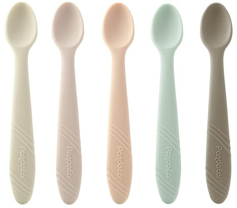 PandaEar 5 Pack Silicone Baby Spoons Self Feeding 4 6 Months, Baby Food Feeding Spoons Utensils, Gentle for Baby Led Weaning, Safe for Teething, Infant Spoons First Stage, BPA-Free, Easy to Clean