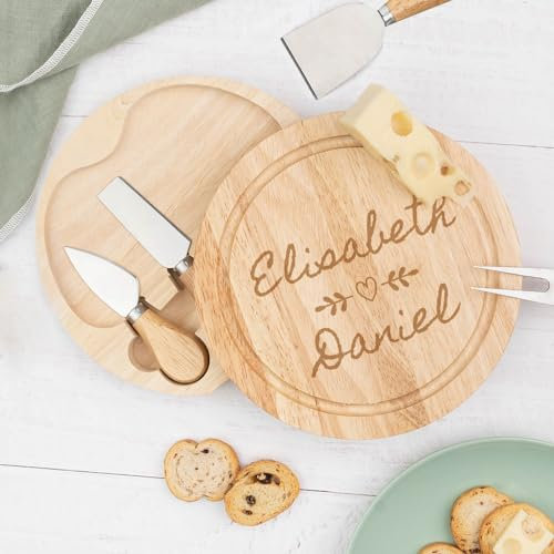 Wanapix | Tagliere per Formaggi Personalizzato | Include Set 4 Utensili in Acciaio Inox | Tagliere in Legno con Testo Inciso | 22ø cm | Love heart