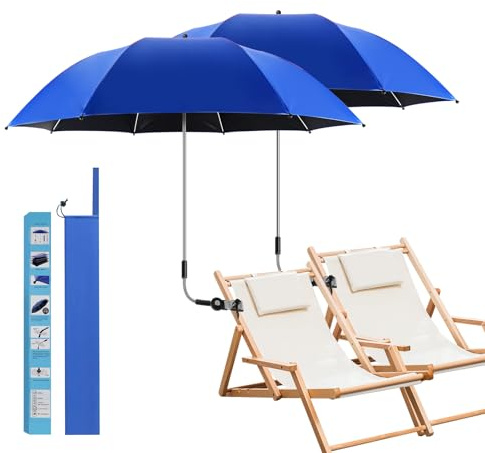 panthem 2 PACK Beach Umbrella with Universal Clamp, UPF 50+ 360 ° Adjustable Shade Umbrella, Portable Parasol for Camping Chair, Wheelchair, Patio Chairs, Golf Carts, Balcony (Blue, No Chair)