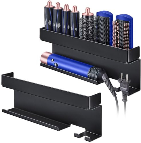 Föhnhalter Wand Ohne Bohren, Wandhalterung Halter für 7 In 1 Styler Lockenstab Zubehör, Glätteisen Halterung, Föhn Halterung, Lockenstab Halterung, Föhn Aufbewahrung Fönhalterung für Bad (Schwarz)