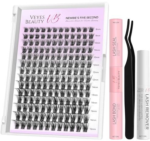 VEYESBEAUTY Faux Cils Kit Extension Cils Newbie's Five-Second Cils Individuels Avec Colle Volume Russe Cluster Lashes Mixte Diy à La Maison Individuels (Bomb Kit, 8-16mm) | Newbie's Five-Second Cluster de cils Wispy Cluster Lashes DIY Cluster Cils Faux cils Bond and Seal