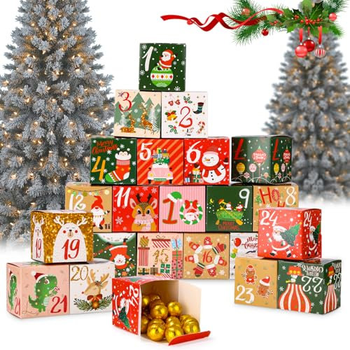 LEAZZLE 24 Piezas Calendario de Adviento para Rellenar, 24 Cajas para Calendario de Adviento Reutilizable, Decoracion Navidad 2025, Caja de Regalo para Caramelos Dulces Galletas Chocolate,7 x 7 x 7 cm