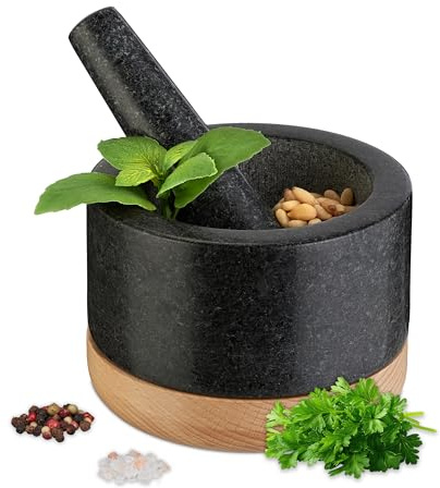 Relaxdays Mörser mit Stößel, Holzuntersetzer, Granit, HxD: 8,5 x 14 cm, Steinmörser, Gewürze & Kräuter, schwarz/grau | HxD: 8,5 x 14 cm, Steinmörser, Gewürze & Kräuter