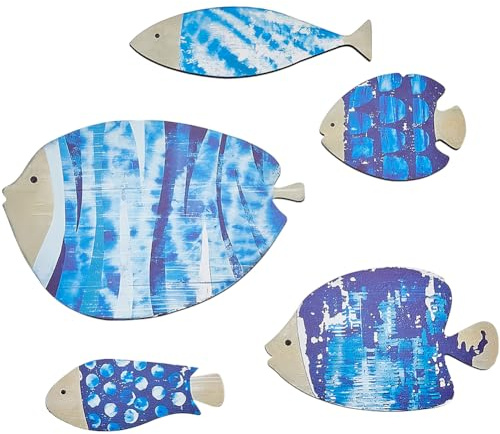 CREATCABIN 5 Stück Wanddekoration Holz Mit Fischen Nautische Stranddekoration Hölzerne Küsten/Ozean Wandkunst Dekor Vintage Dodger Blaufisch Skulpturen Aufhängen An Der Wand Ornamente Mit Aufklebern
