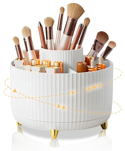 FYGAIN Organiseur de maquillage rotatif à 360°, support de pinceaux de maquillage rotatif avec 5 compartiments pour soins de la peau, parfums, cosmétiques, salle de bain, chambre à coucher, papeterie