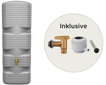 4rain Quadro Regentonne Komplett-Set 170 Liter Betongrau – Wassertank mit Kunststoff-Auslaufhahn + Fallrohranschluss – Platzsparender Wandtank, Frostsichere Regenwassertonne/Wasserfass für Garten