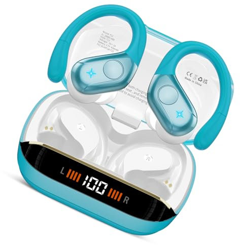 Bluetooth Kopfhörer Sport, 75H, In Ear Kopfhörer Kabellos Bluetooth 5.4, HiFi Stereo, Ohrhörer mit 4 HD ENC Mic, LED Anzeige, IP7 Wasserdicht Wireless Headset mit Ohrhaken, für Joggen/Arbeiten, Blau