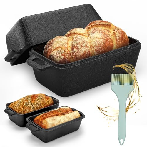 Cast Iron Loaf Pan with Lid | Bread Baking Pans | Even Heat Distribution for Homemade Bread, Cake, Meatloaf, 2 Piece Set (with Oil Brush)