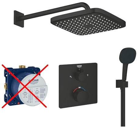 Grohe Duschsystem Unterputz mit Duscharmatur Grohe schwarz GSK02-ob | Duscharmatur von Grohe Grohtherm Thermostat Armatur und Grohe Regendusche Duschkopf eckig, Dusch-SET schwarz matt