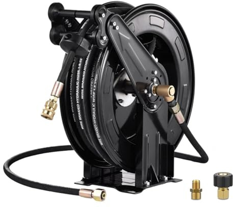 Avvolgitubo per idropulitrice, 15,2 x 3/8, retrattile, in acciaio resistente, 4000 psi, auto-riavvolgimento, flessibile da parete/pavimento, per lavaggio auto, pulizia pavimenti, giardino