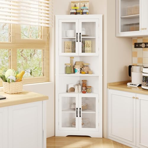TANGZON Corner Cabinet, 171cm Tall Storage Cabinet with 4 Glass Doors, 2 Open Shelves, 2 Adjustable Shelves & Anti-Tipping Device, Space Saving Wooden Sideboard Shelving Unit for Home Kitchen, White
