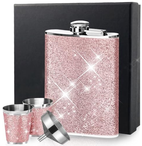 Flachmann Edelstahl, Flachmänner für Frauen mit 2 Stück Schnapsglas Rosa und Trichter, Tragbar, 8oz/240ml Flachmann Rosa Glitzer für Wandern, Camping, JGA Party und Festival