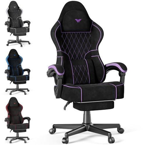 Soontrans Gaming Stuhl mit Massage Lendenwirbelstütze, Gepolstert Gaming Chair, Gaming Stuhl Ergonomisch mit Fußstütze, Samt, 90-160° Rückenlehne verstellbar Gaming Sessel, 136KG（schwarz&violett）